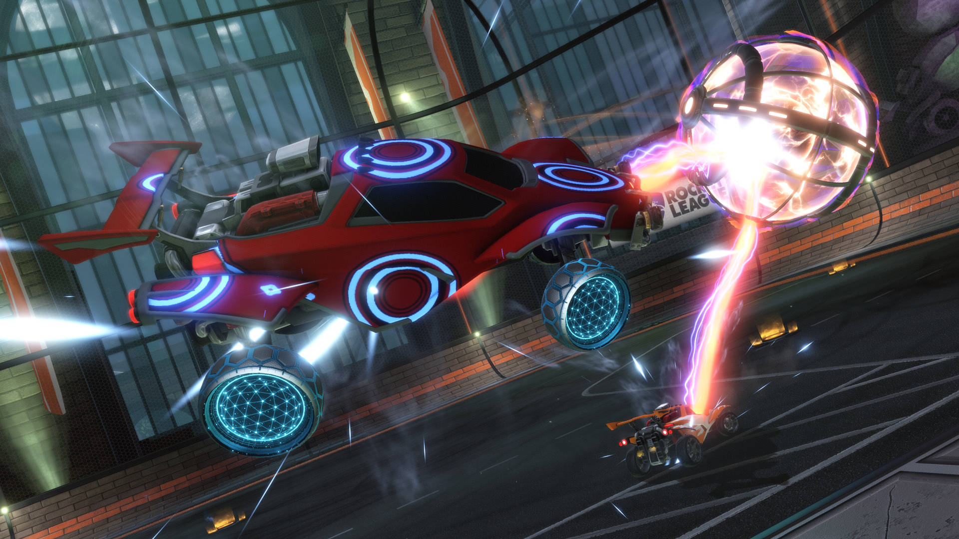 Rocket League trading: A red car with glowing blue rings and wheels smashing into an orange glowing football. 
