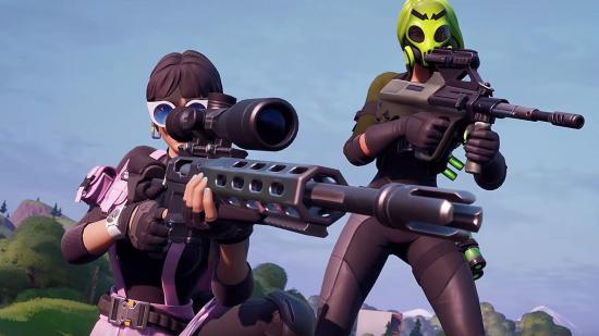 A Fortnite character aims down the sights of a sniper rifle