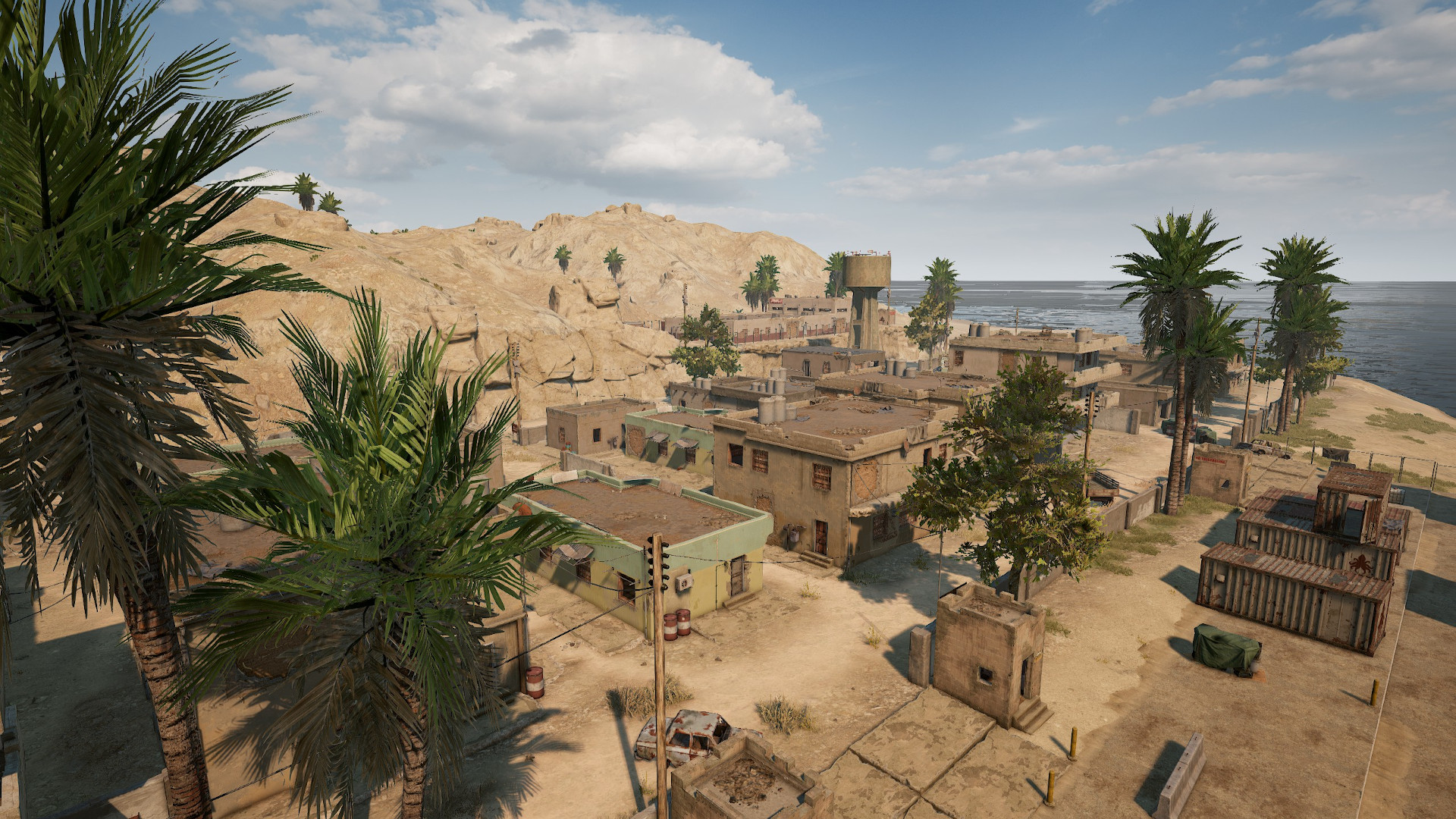 Best PUBG Karakin drops: Bahr Sahir, a dense town with low buildings and large trees next to the sea.