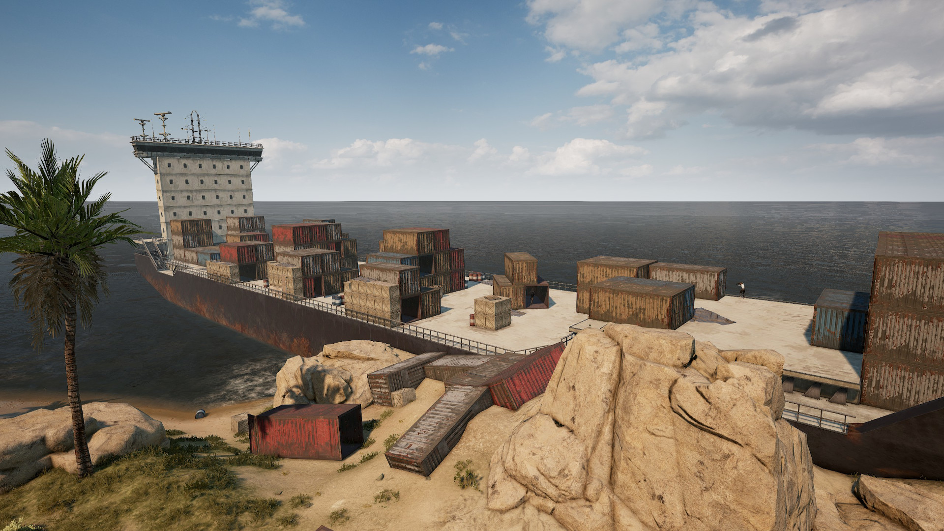 Best PUBG Karakin drops: Cargo Ship, a maroon ship with cargo containers falling out onto the beach below.