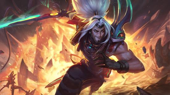 Yasuo, with his long white hair in a ponytail, runs away from a fire
