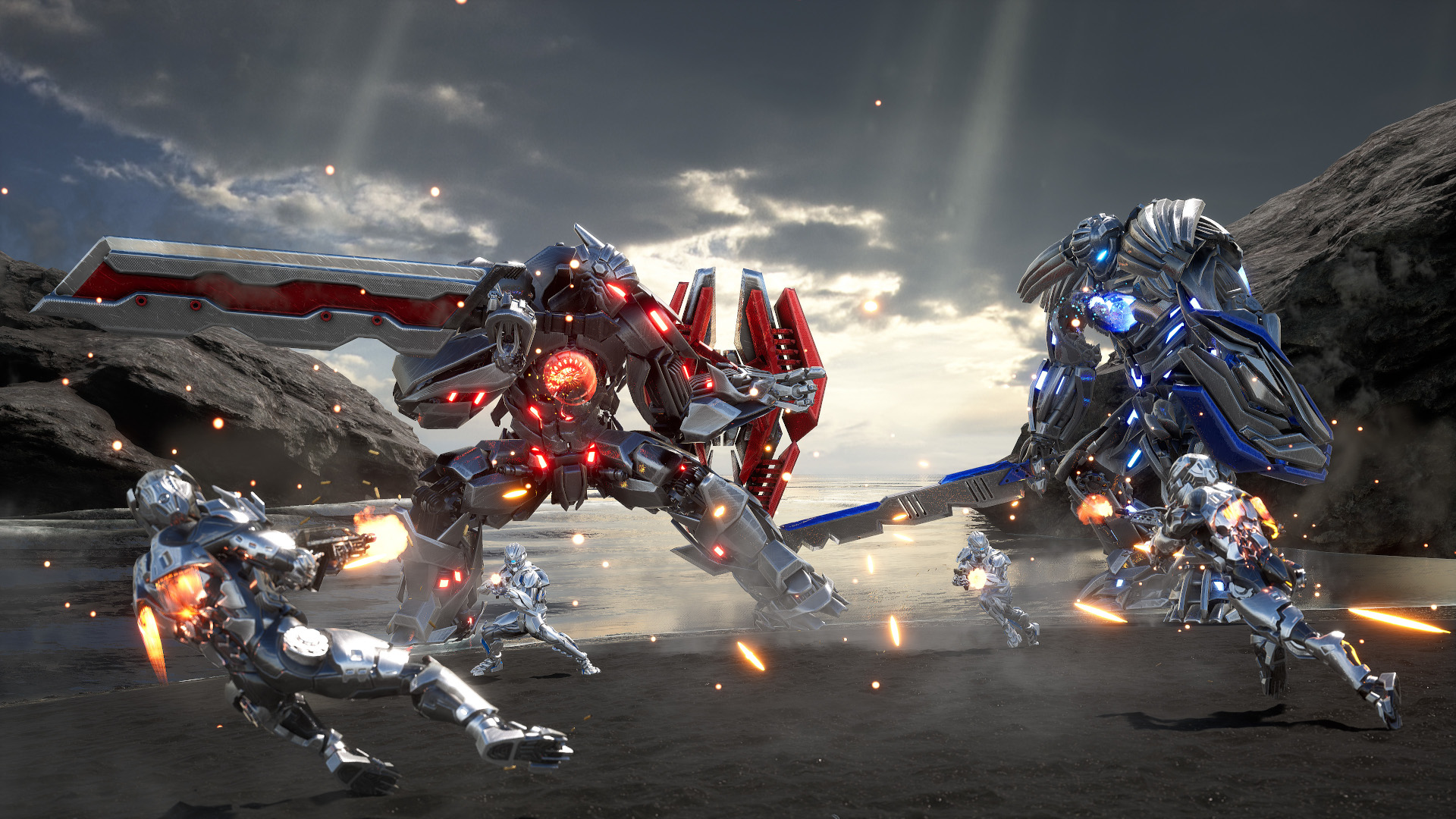 Exomecha release date: Two large mechs fighting with smaller soldiers running in-between them.