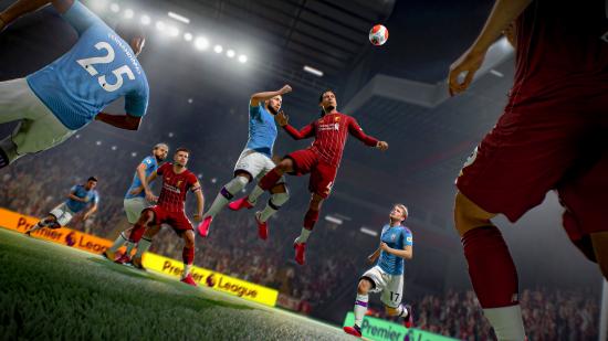 FIFA 21 SBC players: Several players running for the ball, with a player in a red kit and another in a blue-and-white kit leaping into the air for a header.