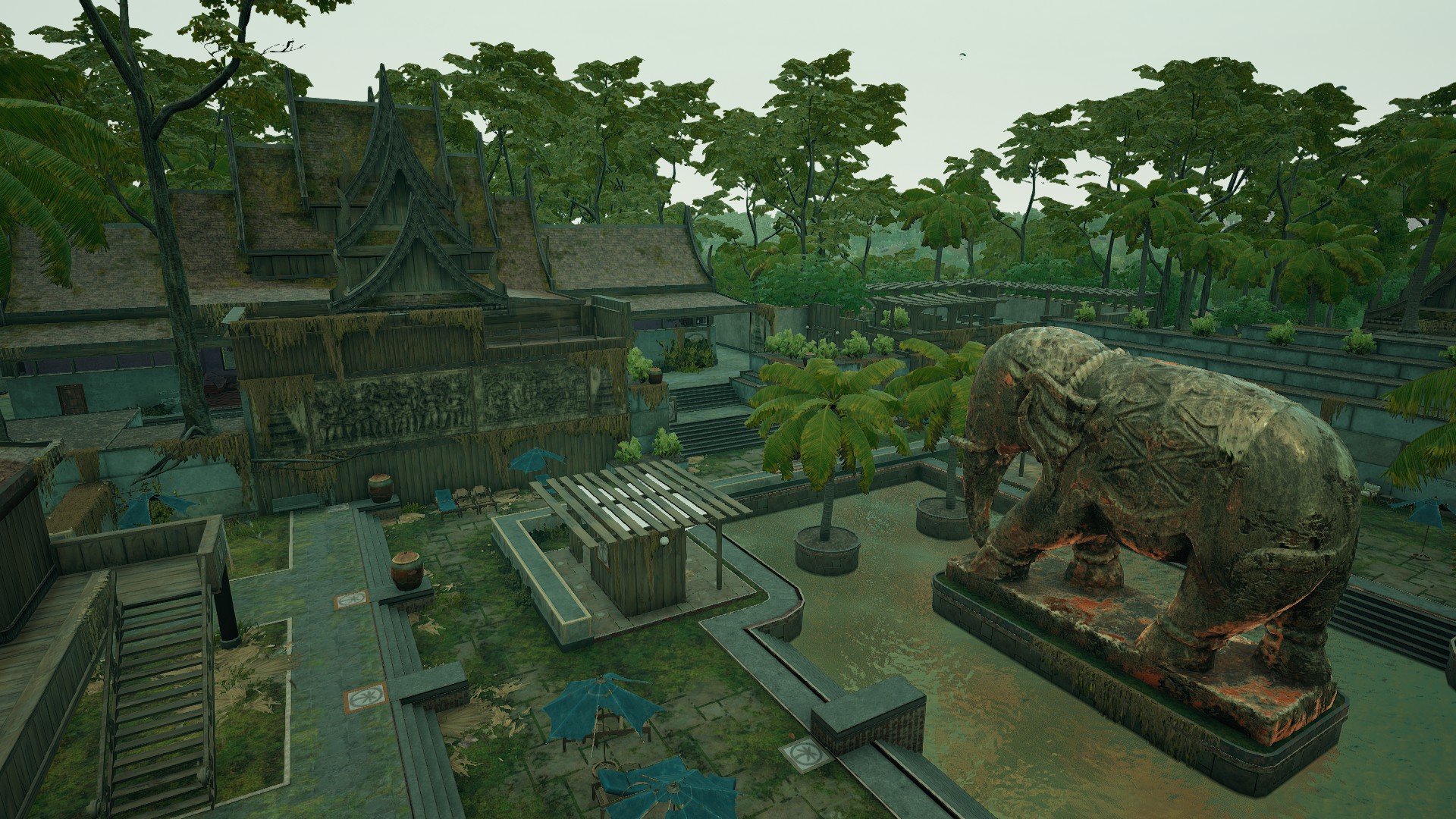 PUBG Sanhok drops: The courtyard of Sanhok's Paradise Resort, complete with a large elephant statue to the right.