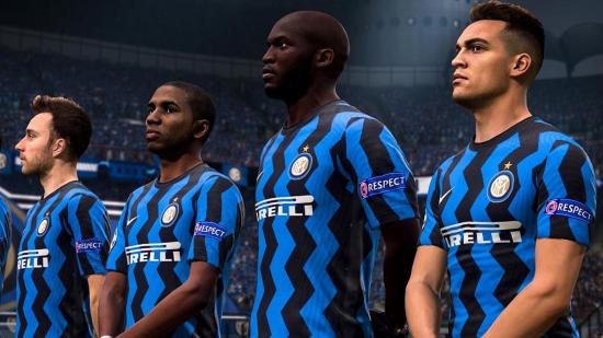 FIFA 21 Puzzle Master SBC: Four players standing in a line wearing black and blue jerseys.