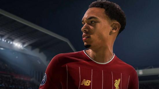Trent Alexander-Arnold looks off-camera to the left in FIFA 21