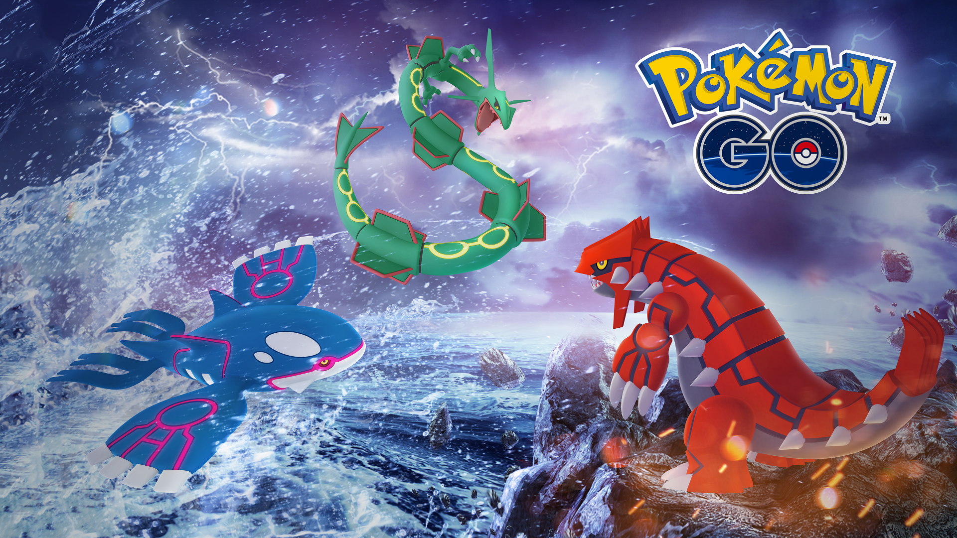 Pokémon Go legendary Pokémon: Promotional art showing three different Pokémon leaping at each other surrounding by crashing waves and lightning.