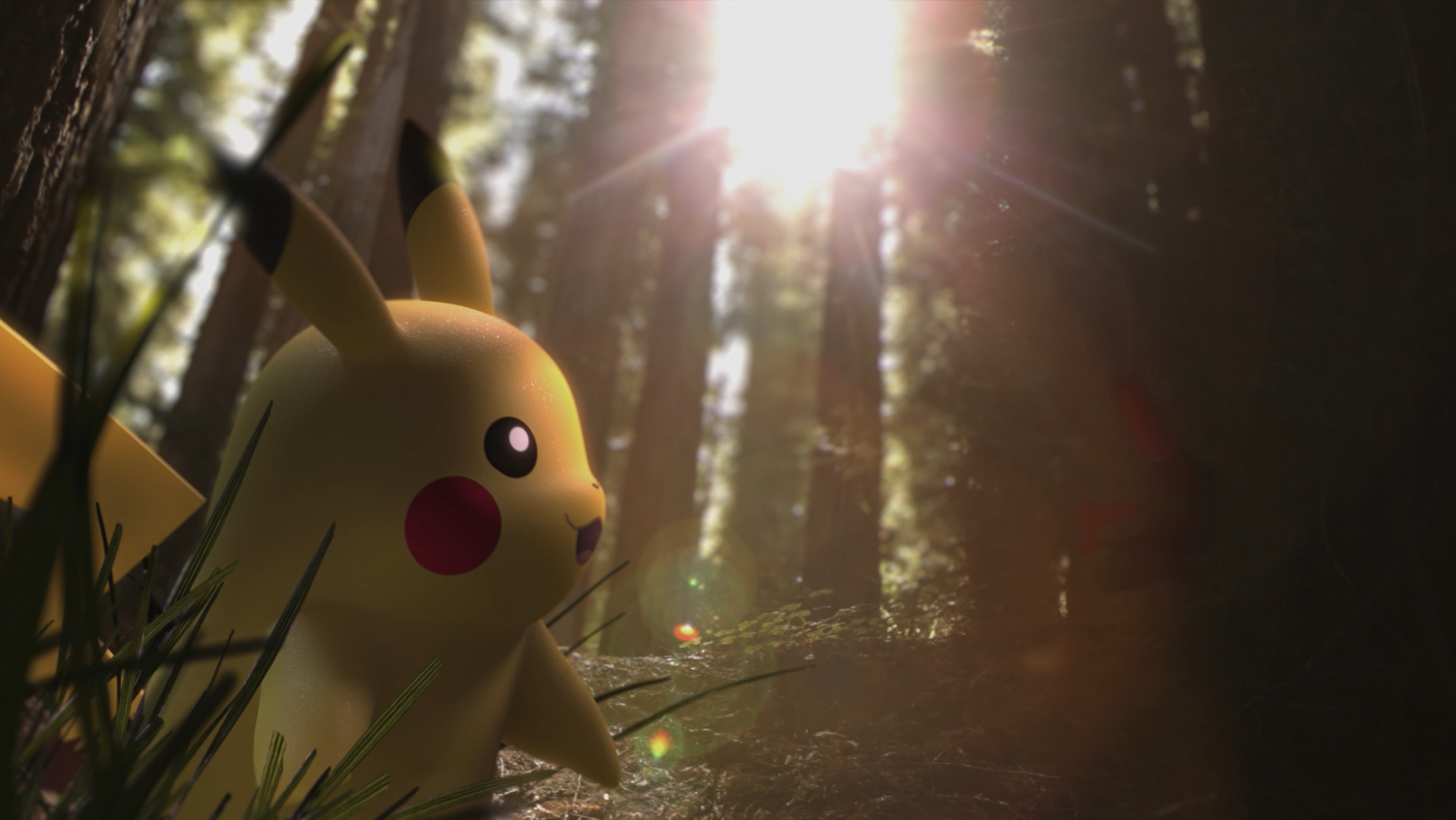 Pokemon Go best Pokemon: Pikachu with a happy expression walking through the woods with the sun poking through the trees.