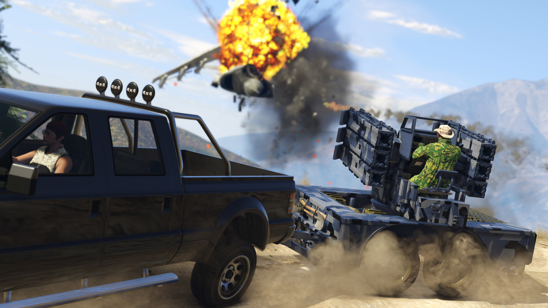 GTA 5 stock market: A man using an anti-aircraft gun attached to a car to blow up a plane.