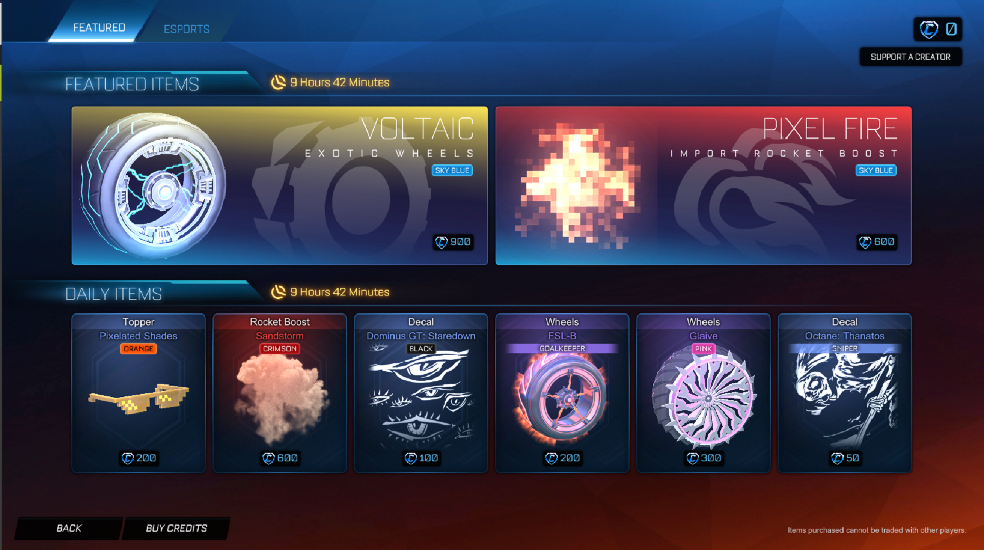 The menu screen of the Rocket League item shop