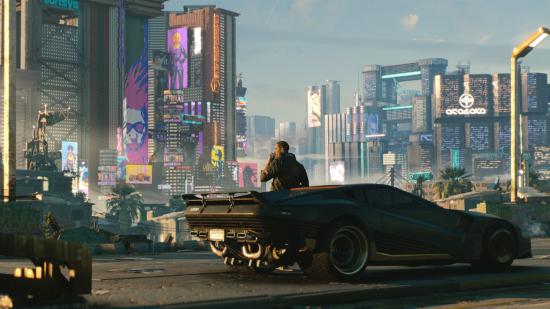 A man leans against a supercar in the foreground, looking out over a Cyberpunk city
