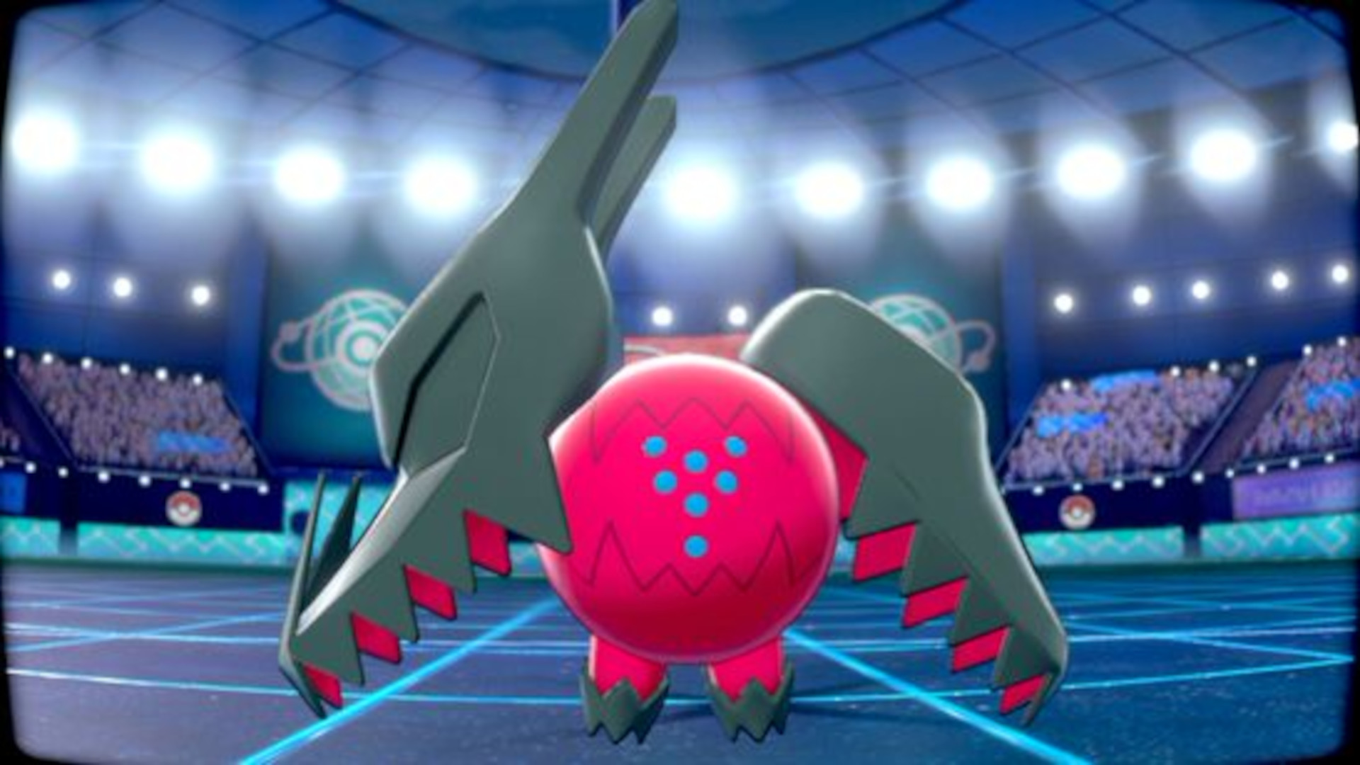 Pokémon Sword and Shield legendary Pokémon: The rock-type Regis, with two animal skull shaped arms, in an arena.