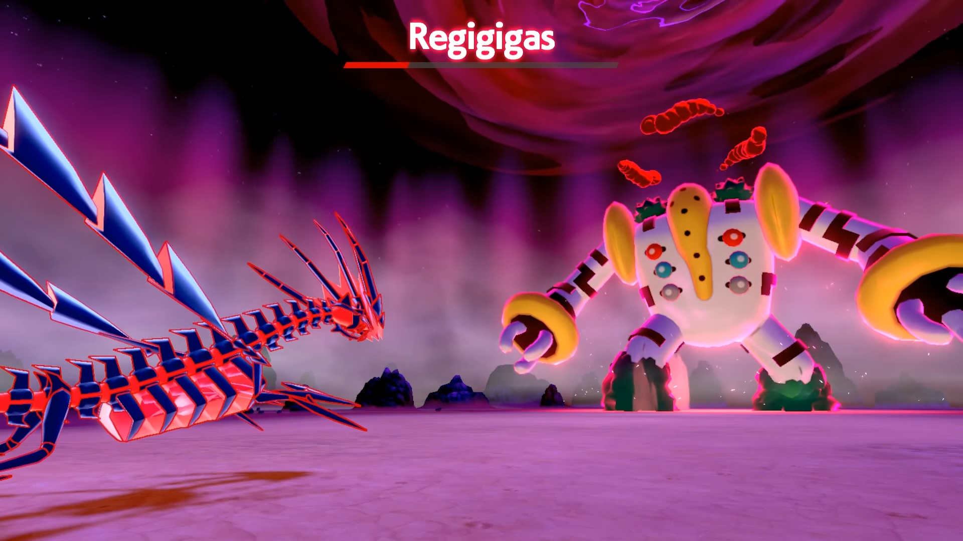 Pokémon Sword and Shield Crown Tundra Regis: Eternatus facing off against a Dynamax Regigigas, which is at low health.