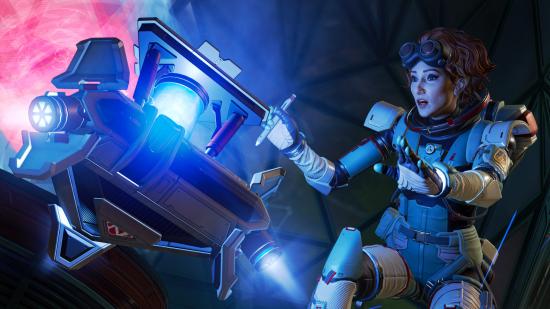 Apex Legends Season 7: Horizon tinkering with a scientific device, looking at it with a surprised expression.