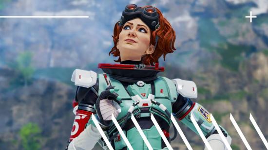 Horizon in Apex Legends is a redhead with a futuristic space suit, and a pair of welder's goggles on her forehead.