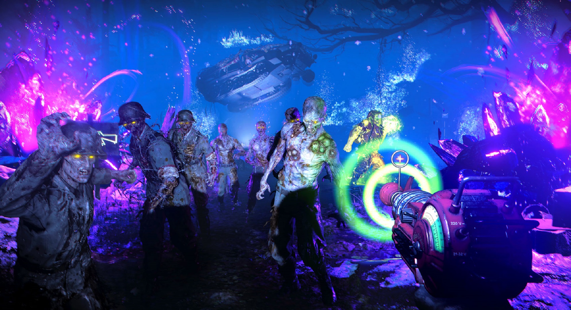 Call of Duty Black Ops Cold War multiplayer maps: A player firing a ray gun at a horde of zombies in a sci-fi environment.
