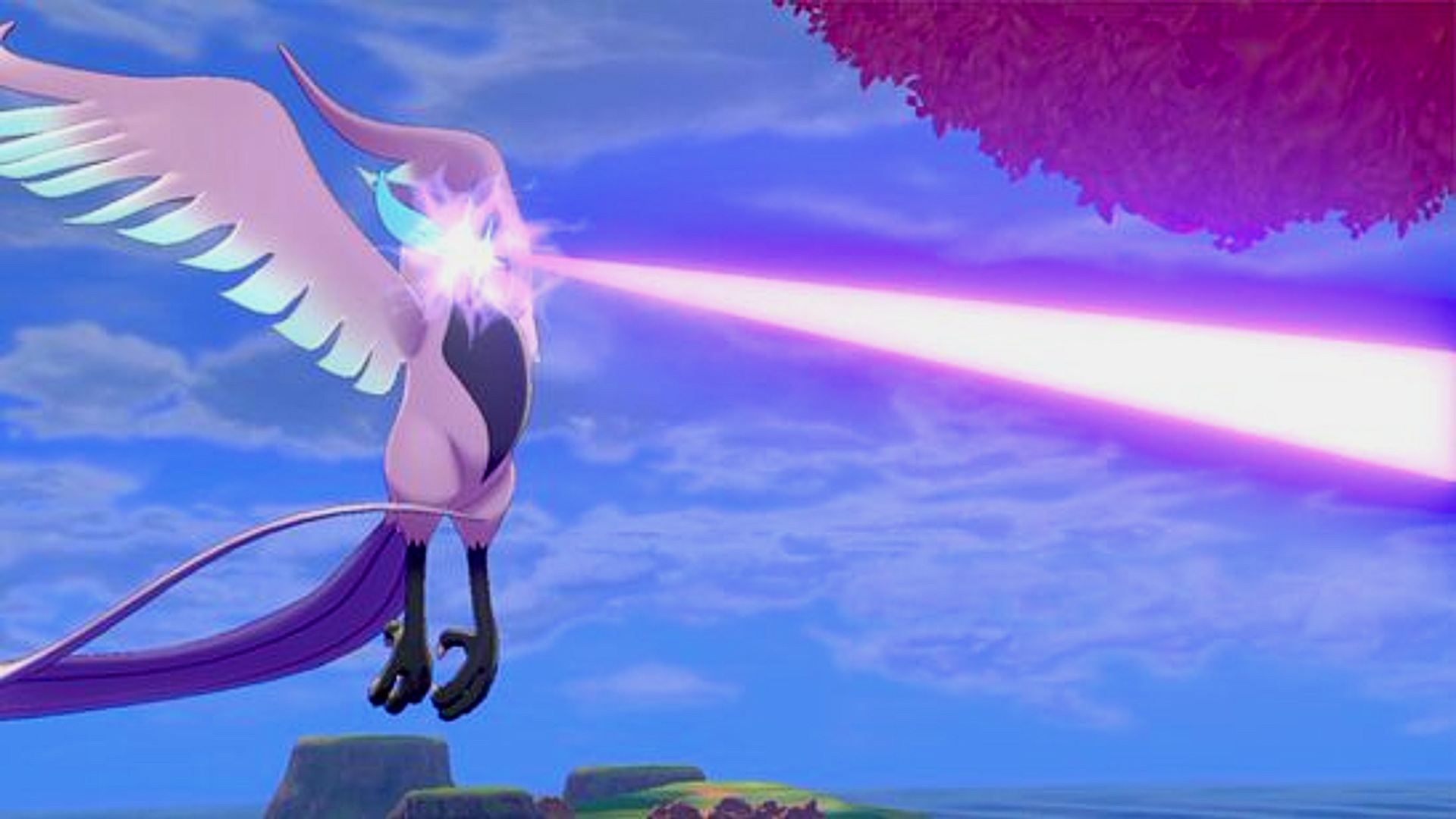 Pokémon Sword and Shield legendary Pokémon: Galarian Articuno firing a large laser to the right.