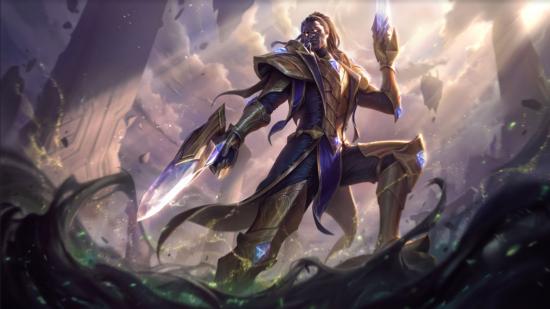 Lucian, looking particularly victorious, standing on a rock while pointing a weird gun at the slimy liquid underneath him.