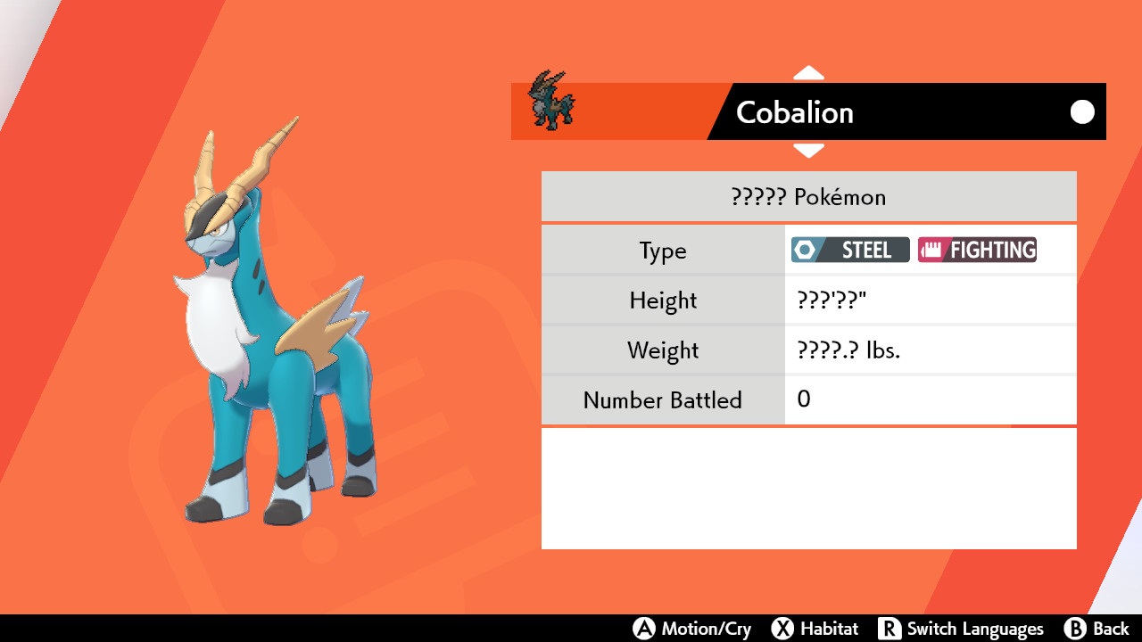 Pokémon Sword and Shield The Crown Tundra footprint Cobalion: The stats page for Cobalion, with the steely creature standing on the left side. 