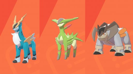 Pokémon Sword and Shield legendary Pokémon: The Pokémon, Cobalion, Virizion, and Terrakion, standing against an orange background.