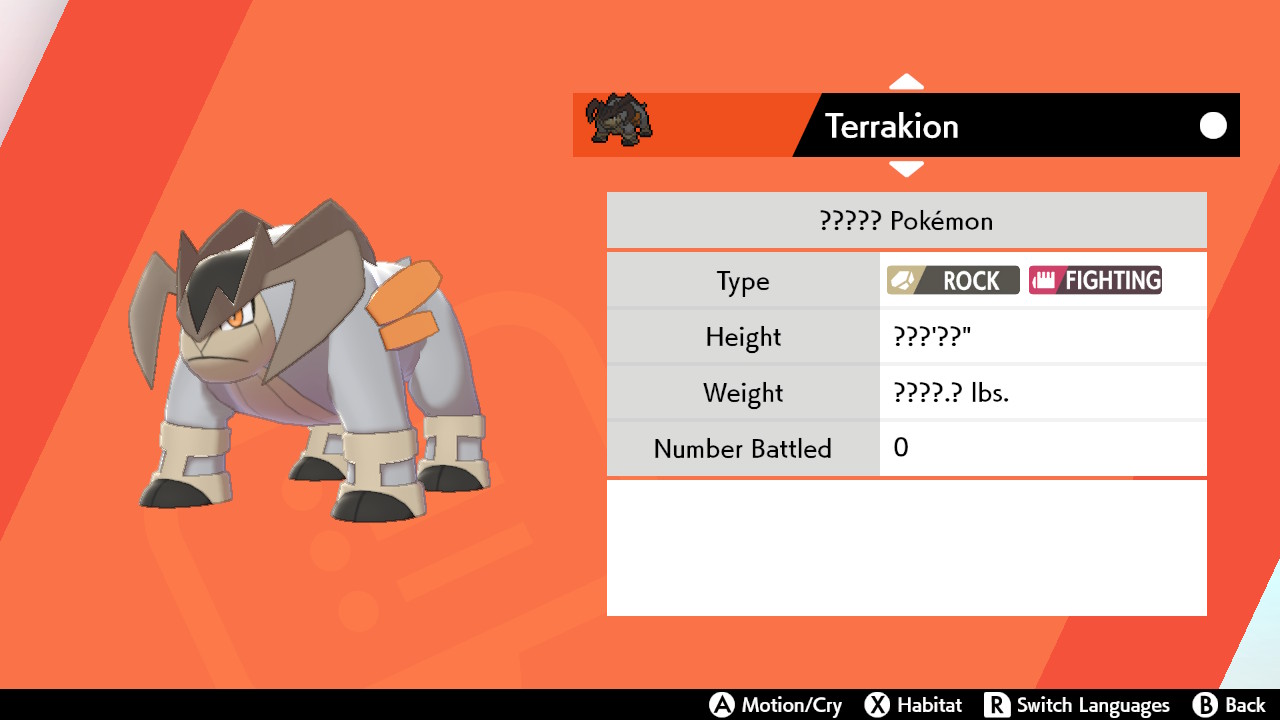 Pokémon Sword and Shield The Crown Tundra footprint Terrakion: The stats page for the hardy Terrakion, showing it standing on the left side. 