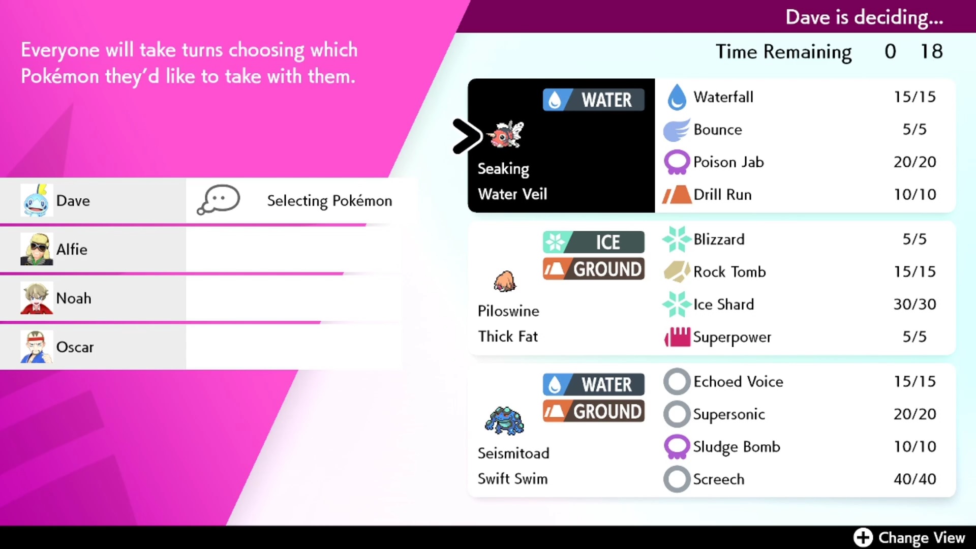 Pokémon Sword and Shield Max Lairs Dynamax Adventures: The player is selecting a Pokémon from three choices for the Dynamax Adventure. Three AI trainers are waiting to choose.