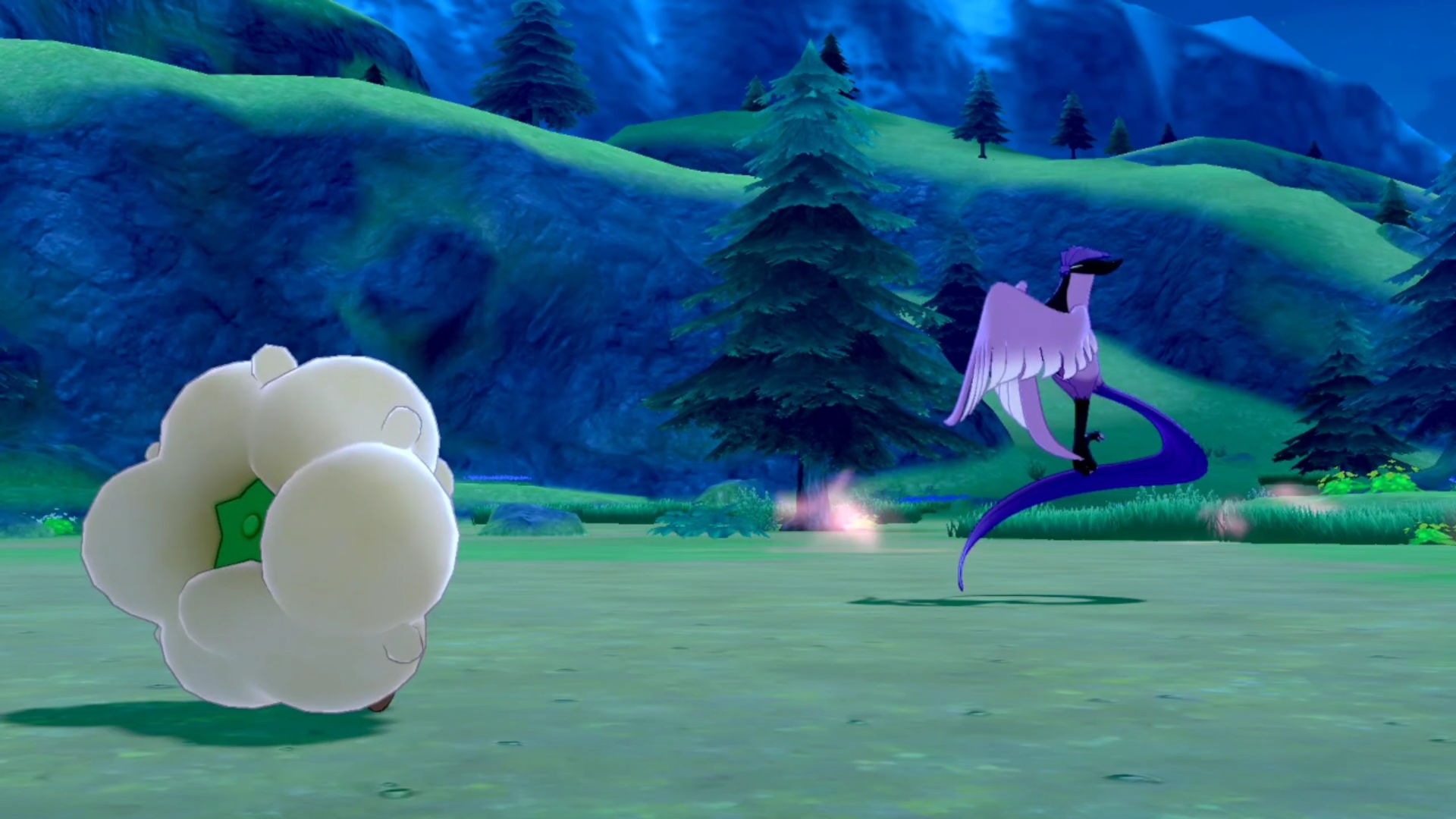 Pokémon Sword and Shield Galarian Articuno: Encounter with Galarian Articuno in a field. Trainer is using Whimsicott.