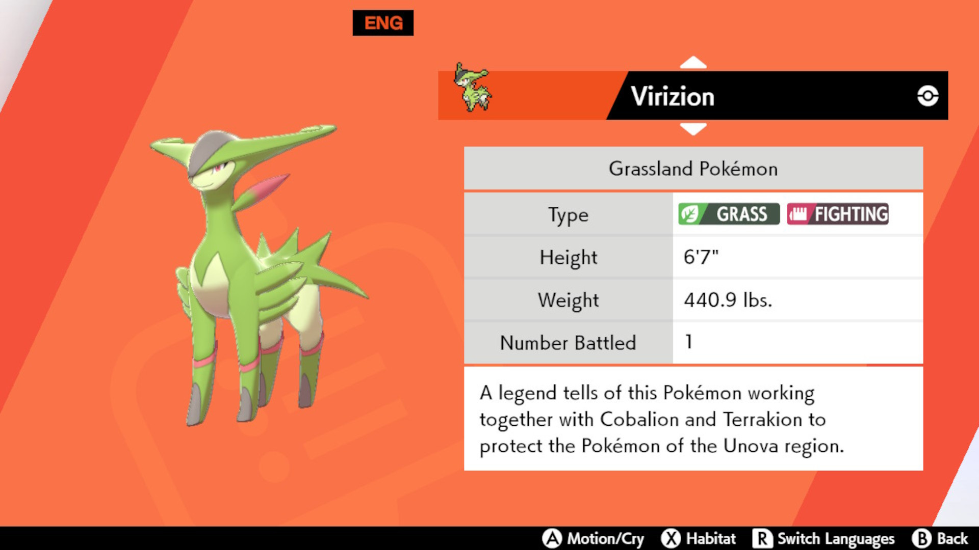 Pokémon Sword and Shield The Crown Tundra footprint Virizion: The stats page for Virizion, showing the grassland creature standing on the left side.