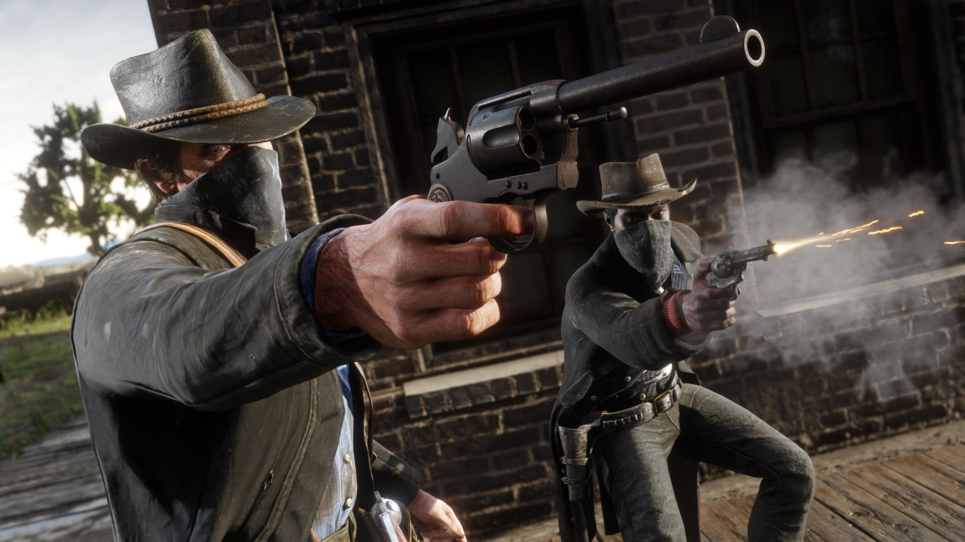 Red Dead Redemption 2 cheat codes: Two varmints hiding their faces with bandanas and shooting their revolvers. 