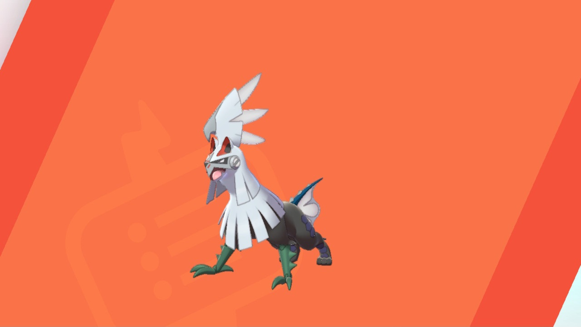Pokémon Sword and Shield legendary Pokémon: Silvaly, a dog-bird hybrid standing against an orange background.