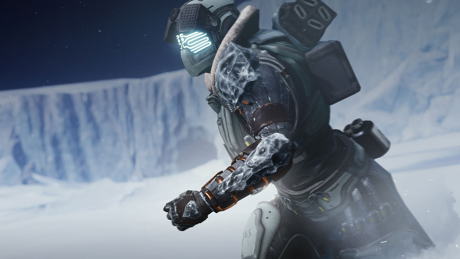 Destiny 2 Beyond Light Exotic armor: A Warlock running through a winter environment with the Icefall Mantle.