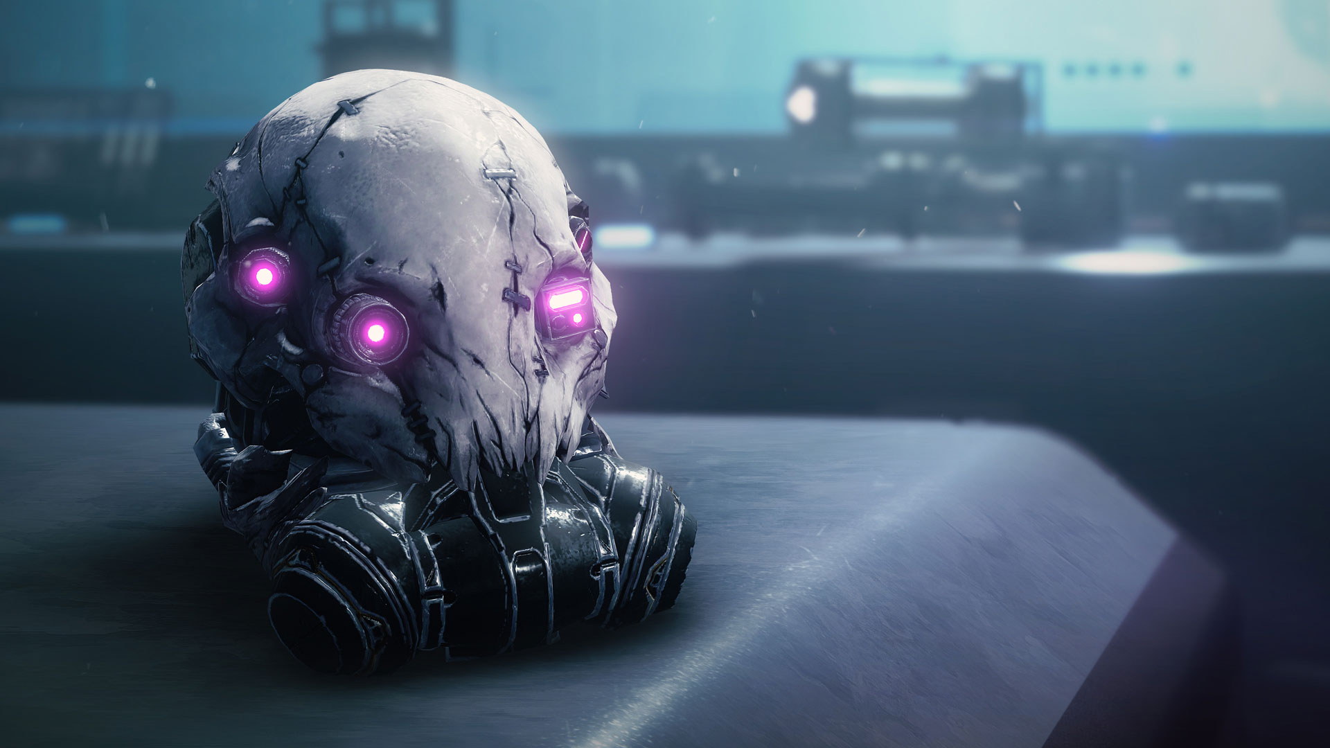 Destiny 2 Beyond Light Exotic armor: The Mask of Bakris placed on a desk.