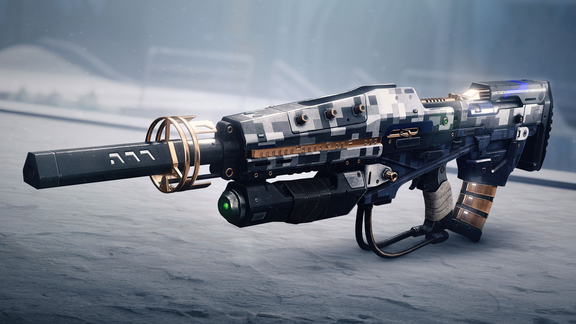 Destiny 2 Beyond Light Exotic weapons: A close-up of No Time to Explain against a snowy backdrop.