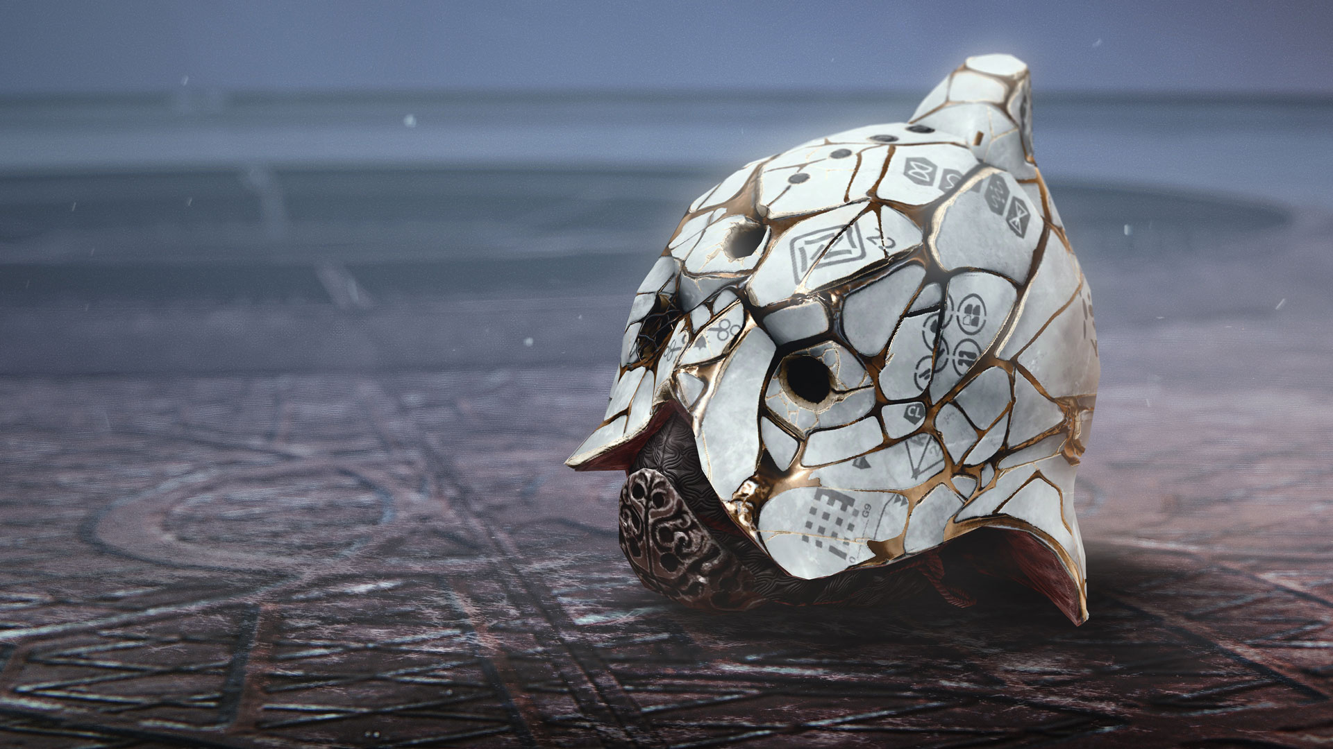 Destiny 2 Beyond Light Exotic armor: The Precious Scars helmet placed on the ground.