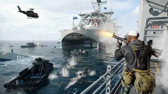 Call of Duty Black Ops Cold War multiplayer maps: A soldier firing a rocket at a helicopter from a ship, with several smaller boats in the sea below.