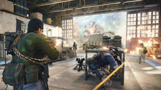 Call of Duty Black Ops Cold War multiplayer maps: Soldiers firing at enemies in a hangar bay, with one hiding behind a table.