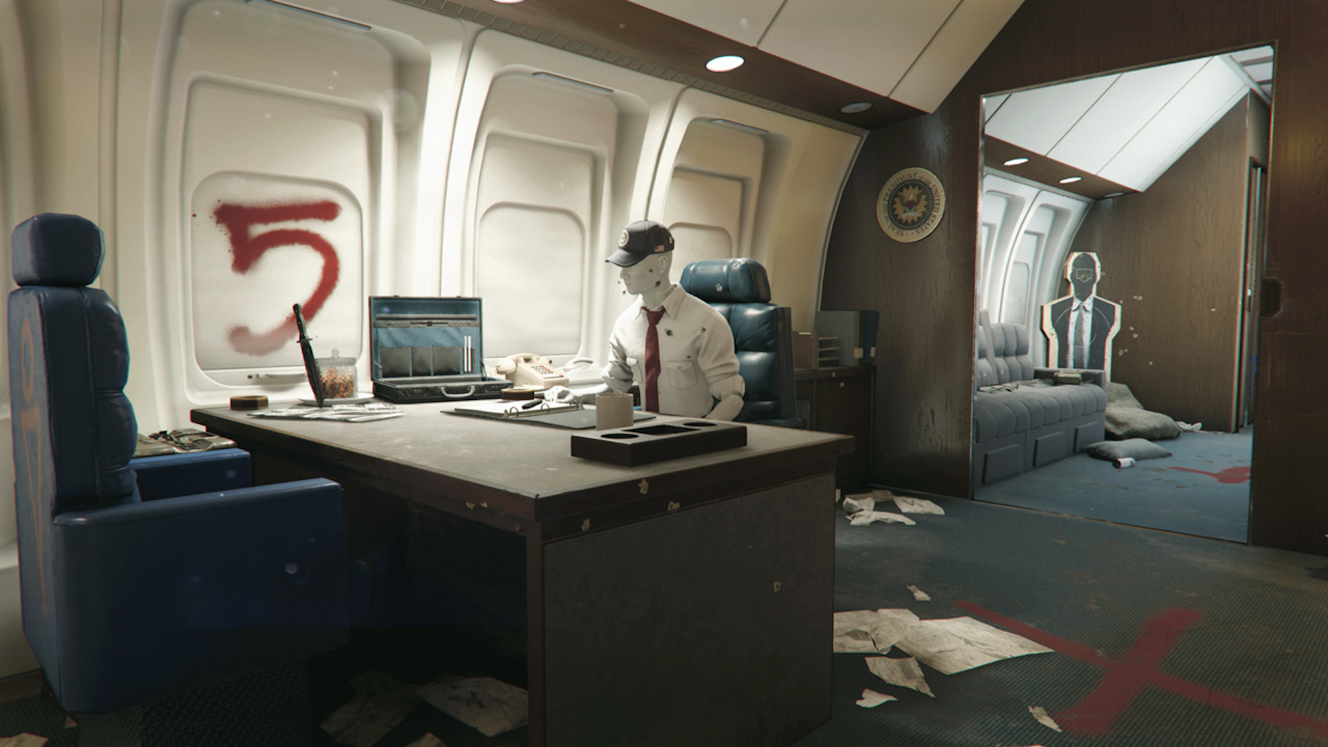 Call of Duty Black Ops Cold War multiplayer maps: The inside of a plane, with a mannequin sat down at a desk.