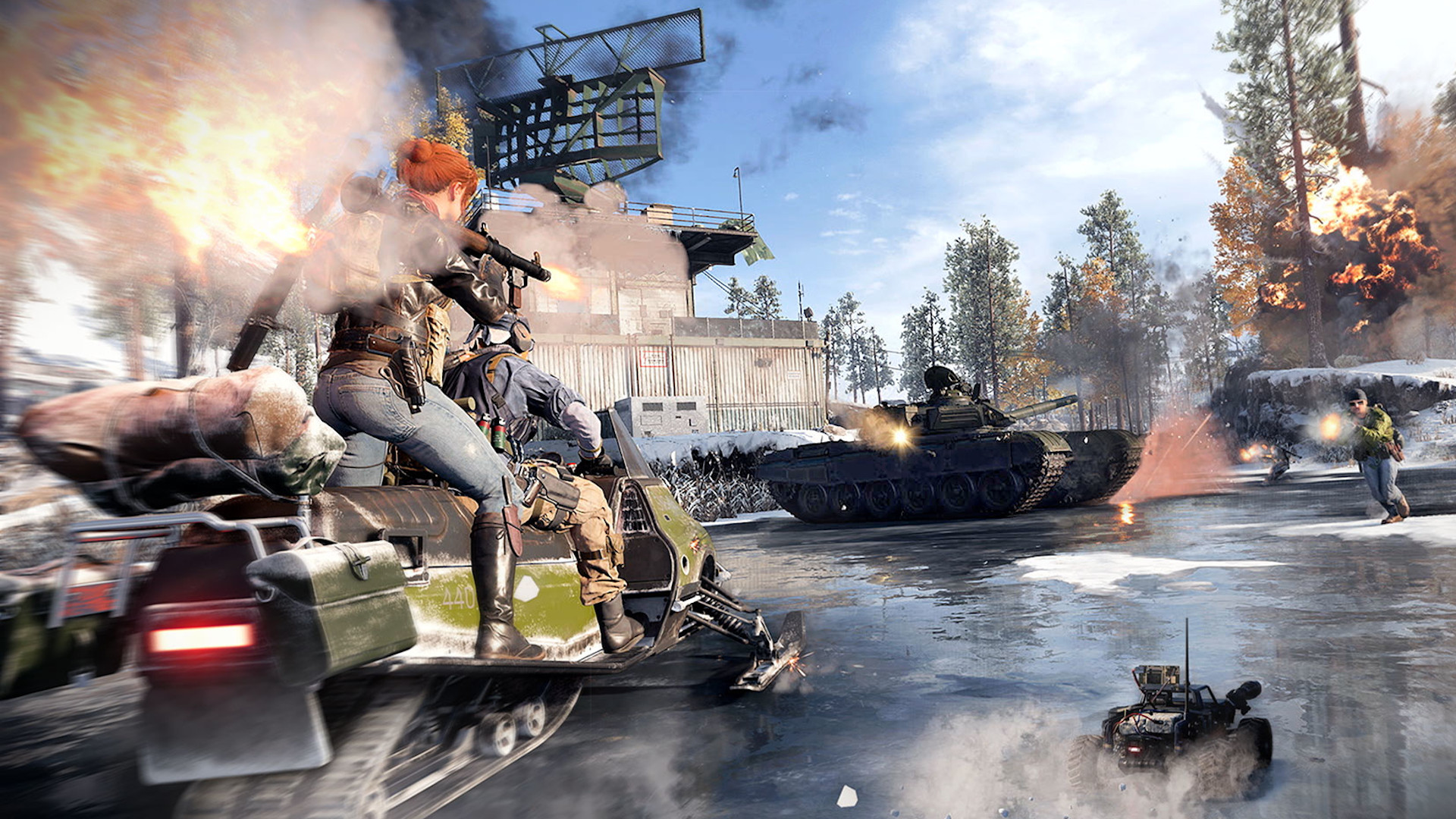 Call of Duty Black Ops Cold War multiplayer maps: Characters riding and firing from the back of a snowmobile, with a tank directly ahead.