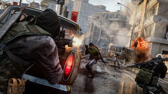 Call of Duty Black Ops Cold War wildcards: A soldier firing at an enemy from behind a parked car.