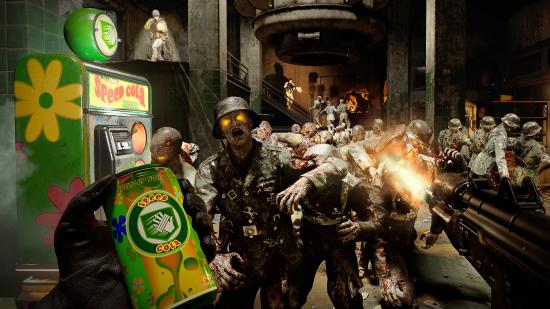 Call of Duty Black Ops Cold War split-screen: The player firing their weapon at a horde of approaching zombies while holding a Speed Cola can in their left hand.