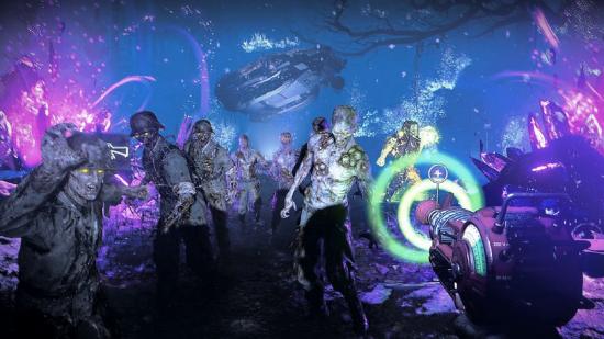 Call of Duty Black Ops Cold War Zombies Aetherium Crystals: The player firing a Ray Gun at a horde of zombies in an alien-like realm with purple crystals and a floating tank in the background.