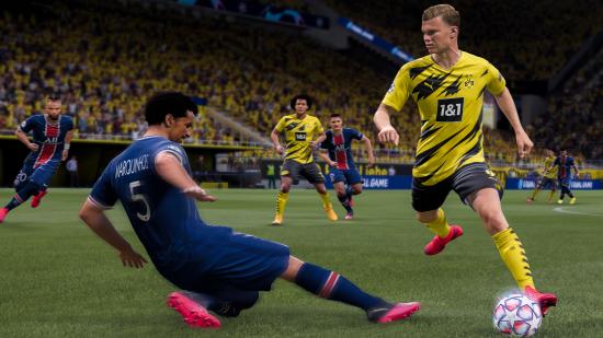 FIFA 21 SBC players: A player wearing a blue kit slide tackling a player with a yellow kit.