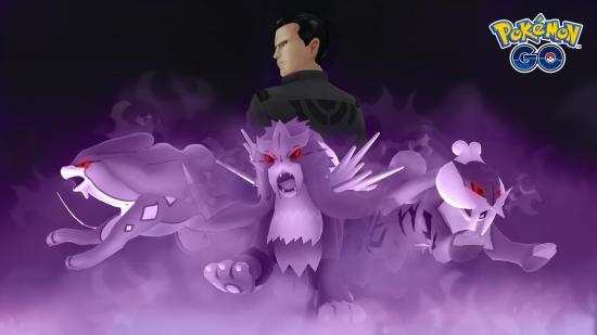 POKÉMON Go legendaries: Three shadow legendaries coming out of purple mist, with an illusive man looking over his shoulder in the background.