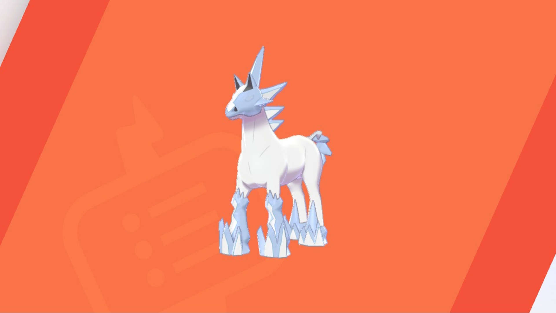Pokémon Sword and Shield legendary Pokémon: Glastrier, a frozen horse, against an orange backdrop.