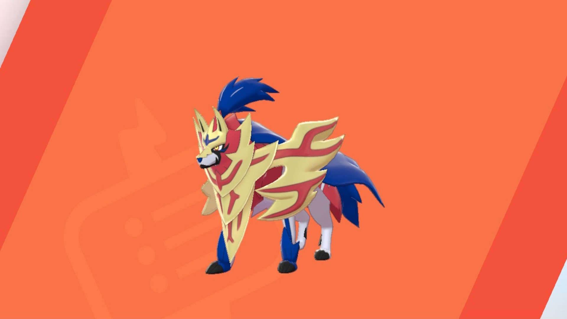 Pokémon Sword and Shield legendary Pokémon: Zamazenta, a dog-like creature with a shield-like appearance, standing against an orange background. 