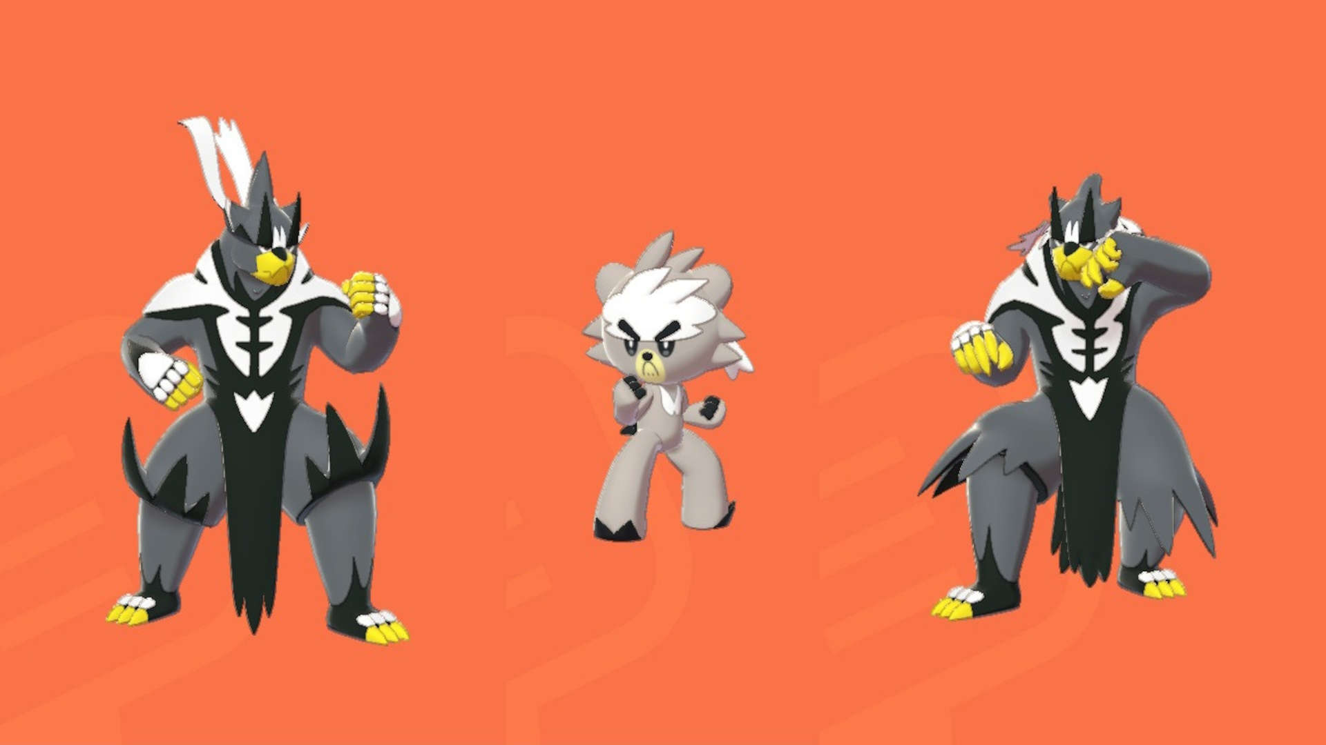 Pokémon Sword and Shield legendary Pokémon: Three Pokémon standing with a boxer-like pose against an orange background.