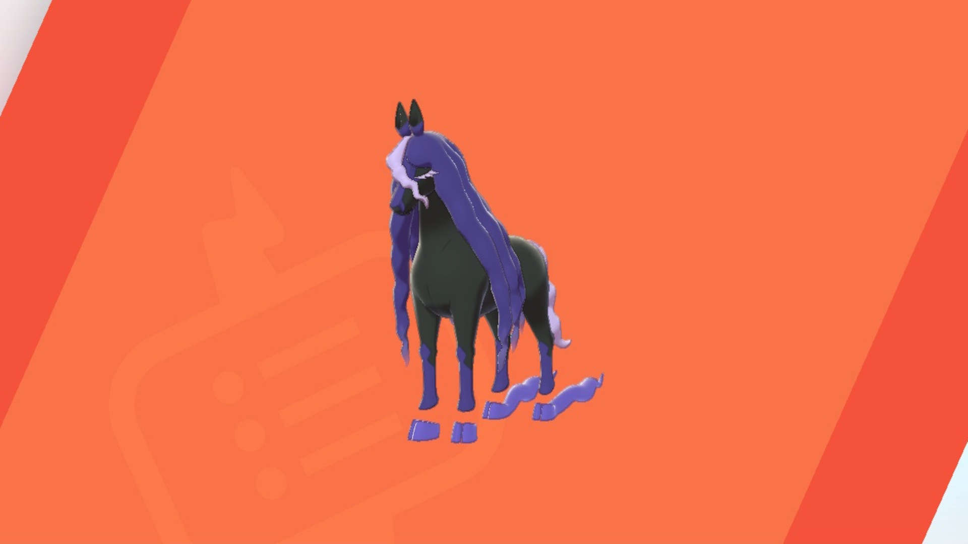 Pokémon Sword and Shield legendary Pokémon: Spectrier, a purple and back horse, placed against an orange background.