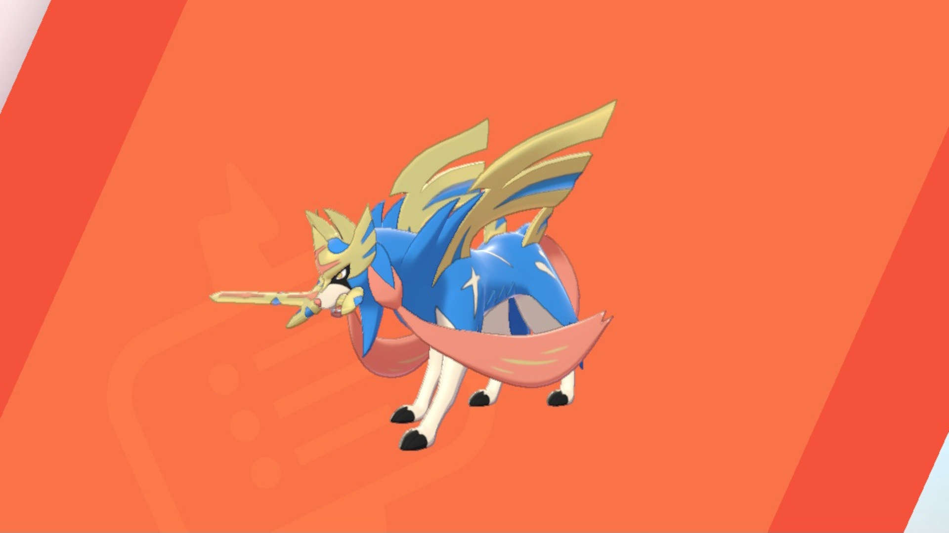 Pokémon Sword and Shield legendary Pokémon: Zacian, a dog-like creature with a sword in its mouth, standing against an orange background.