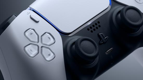 PS5 download speed: A close-up of a white DualSense controller.