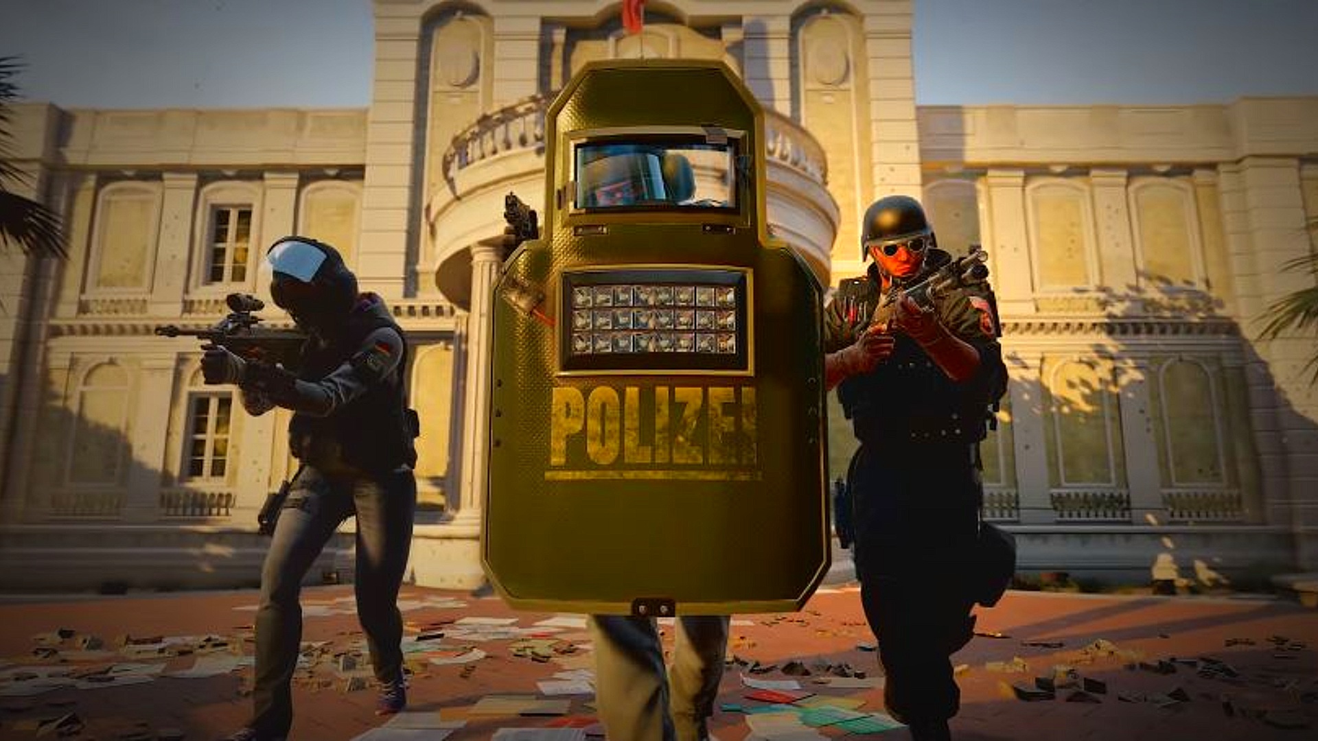 Best Game Pass games: Three armed agents, including one with a shield, walking towards the camera in Rainbow Six Siege.